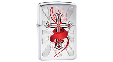 купите Зажигалка Zippo 28526 Gothic Cross High Polish Chrome (зеркальный хром, рисунок креста с алой лентой) в Новосибирске