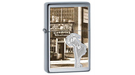 купите Зажигалка Zippo 28538 Goodrich Silvertown Vintage High Polish Chrome (зеркальный хром, фото магазина Гудрич, гравировка девушки Windy Girl) в Новосибирске