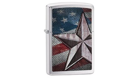 купите Зажигалка Zippo 28653 Retro Star and U.S. Flag Brushed Chrome (крупнозернистая шлифовка хрома, рисунок звезды на фоне американского флага) в Новосибирске